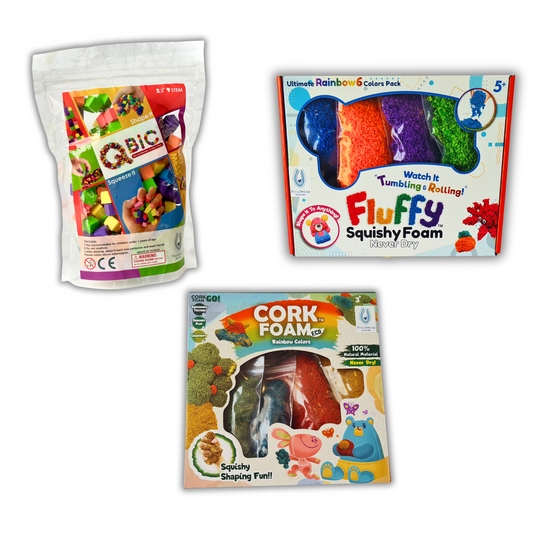 Pack Estimulación Táctil – Cubos Qbic + Masa Fluffy + Masa Corcho